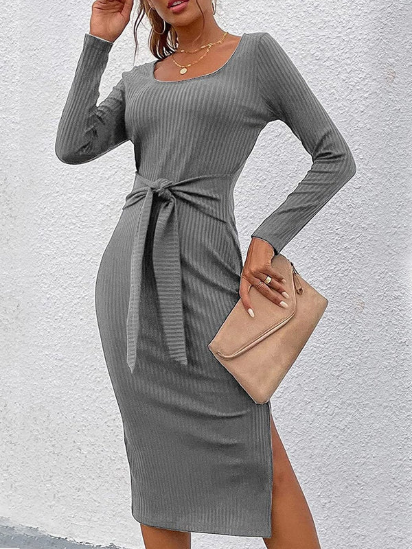 Women's Dresses Round Neck Long Sleeve Belted Slit Tight Dress - Midi Dresses - INS | Online Fashion Free Shipping Clothing, Dresses, Tops, Shoes - 01/12/2021 - 20-30 - color-black