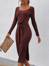 Women's Dresses Round Neck Long Sleeve Belted Slit Tight Dress - Midi Dresses - INS | Online Fashion Free Shipping Clothing, Dresses, Tops, Shoes - 01/12/2021 - 20-30 - color-black