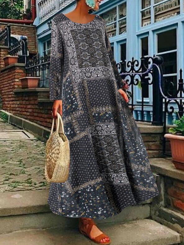 Women's Dresses Round Neck Long Sleeve Retro Print Dress - Maxi Dresses - INS | Online Fashion Free Shipping Clothing, Dresses, Tops, Shoes - 08/10/2021 - 20-30 - color-blue