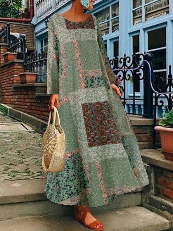 Women's Dresses Round Neck Long Sleeve Retro Print Dress - Maxi Dresses - INS | Online Fashion Free Shipping Clothing, Dresses, Tops, Shoes - 08/10/2021 - 20-30 - color-blue