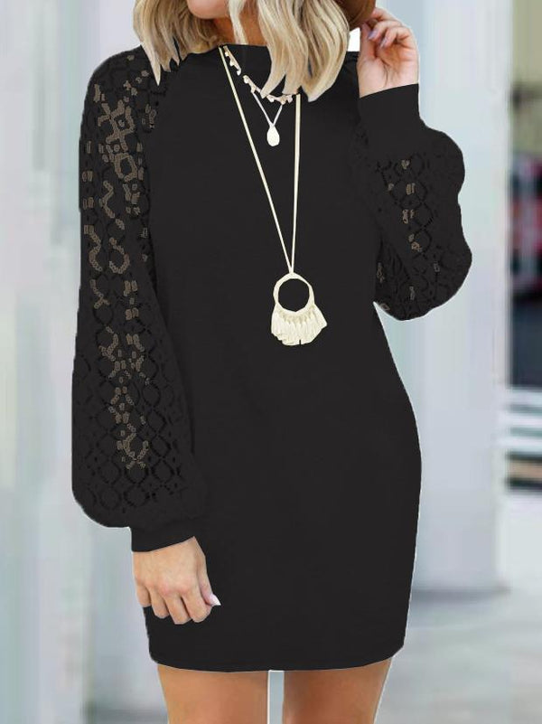 Women's Dresses Round Neck Stitching Lace Long Sleeve Dress - Mini Dresses - INS | Online Fashion Free Shipping Clothing, Dresses, Tops, Shoes - 20-30 - 22/11/2021 - color-black