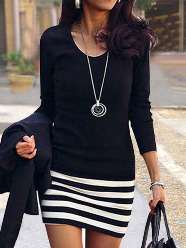 Women's Dresses Round Neck Striped Long Sleeve Dress - Mini Dresses - Instastyled | Online Fashion Free Shipping Clothing, Dresses, Tops, Shoes - 15/12/2021 - 20-30 - Casual Dresses