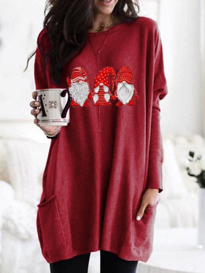 Women's Dresses Santa Claus Print Round Neck Pocket Long Sleeve Dress - Mini Dresses - INS | Online Fashion Free Shipping Clothing, Dresses, Tops, Shoes - 12/11/2021 - 20-30 - Casual Dresses