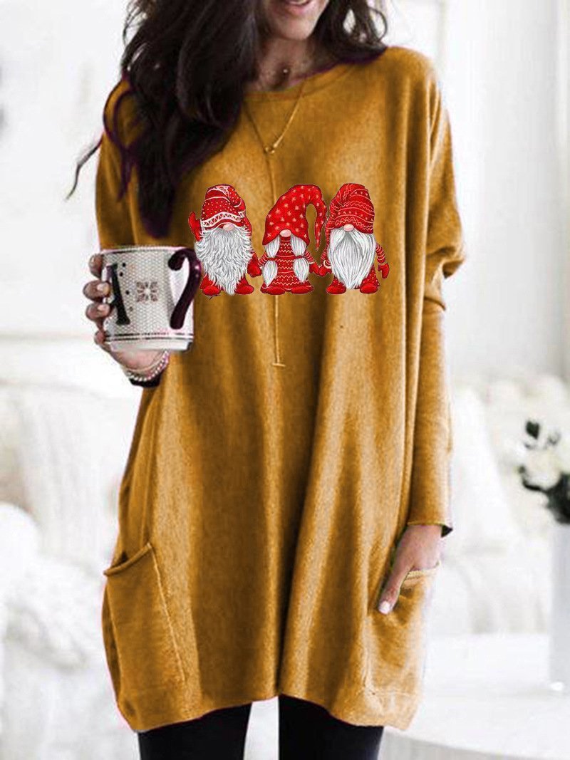 Women's Dresses Santa Claus Print Round Neck Pocket Long Sleeve Dress - Mini Dresses - INS | Online Fashion Free Shipping Clothing, Dresses, Tops, Shoes - 12/11/2021 - 20-30 - Casual Dresses