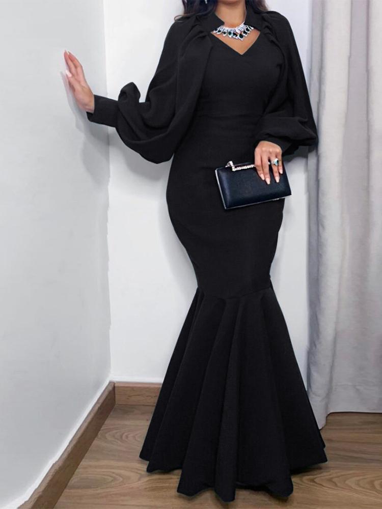 Women's Dresses Shawl V-Neck Lantern Long Sleeve Fishtail Dress - Maxi Dresses - INS | Online Fashion Free Shipping Clothing, Dresses, Tops, Shoes - 22/11/2021 - 40-50 - color-black