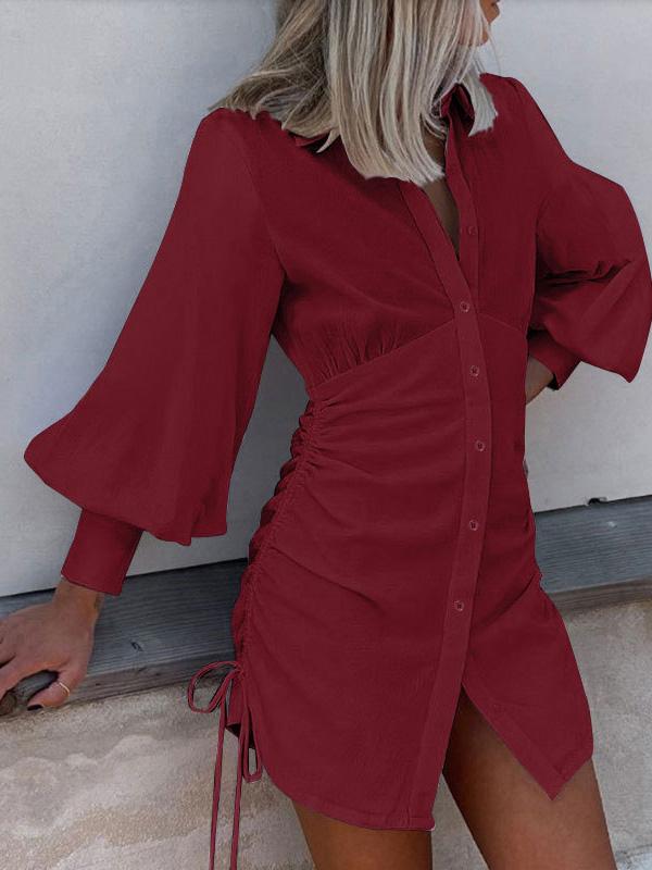 Women's Dresses Side Pleated Lace-Up Long Sleeve Shirt Dress - Mini Dresses - INS | Online Fashion Free Shipping Clothing, Dresses, Tops, Shoes - 24/09/2021 - 30-40 - color-black