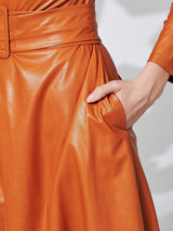 Women's Dresses Simple Round Neck Belt Long Sleeve PU Leather Dress - Midi Dresses - INS | Online Fashion Free Shipping Clothing, Dresses, Tops, Shoes - 30/11/2021 - color-black - color-orange