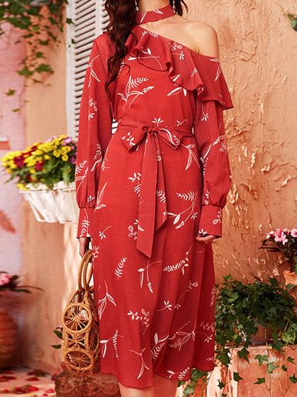 Women's Dresses Simple Slanted Shoulder Long Sleeve Dress - Midi Dresses - INS | Online Fashion Free Shipping Clothing, Dresses, Tops, Shoes - 23/09/2021 - 30-40 - color-red