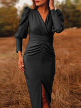 Women's Dresses Simple Solid V-Neck Long Sleeve Split Dress - Midi Dresses - INS | Online Fashion Free Shipping Clothing, Dresses, Tops, Shoes - 15/11/2021 - Color_Black - Color_Blue