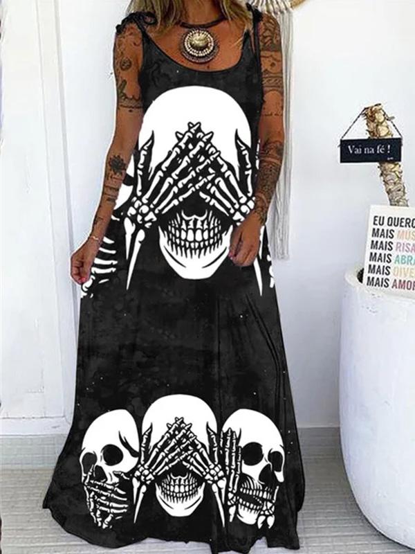 Women's Dresses Skull Print Loose Belted Maxi Dress - Maxi Dresses - INS | Online Fashion Free Shipping Clothing, Dresses, Tops, Shoes - 20-30 - 20/08/2021 - Category_Maxi Dresses