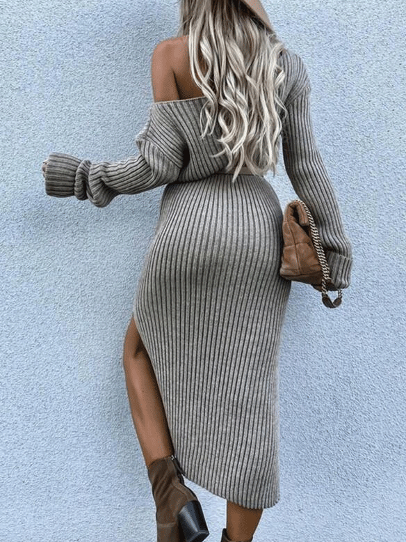 Women's Dresses Slanted Shoulder Long Sleeve Split Dress - Midi Dresses - INS | Online Fashion Free Shipping Clothing, Dresses, Tops, Shoes - 23/10/2021 - 30-40 - color-khaki