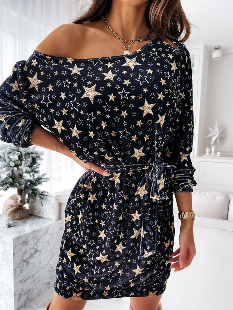 Women's Dresses Slanted Shoulder Star Print Belted Long Sleeve Dress - Midi Dresses - INS | Online Fashion Free Shipping Clothing, Dresses, Tops, Shoes - 10-20 - 10/09/2021 - Category_Midi Dresses