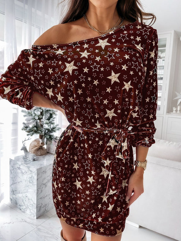 Women's Dresses Slanted Shoulder Star Print Belted Long Sleeve Dress - Midi Dresses - INS | Online Fashion Free Shipping Clothing, Dresses, Tops, Shoes - 10-20 - 10/09/2021 - Category_Midi Dresses