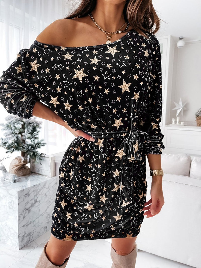 Women's Dresses Slanted Shoulder Star Print Belted Long Sleeve Dress - Midi Dresses - INS | Online Fashion Free Shipping Clothing, Dresses, Tops, Shoes - 10-20 - 10/09/2021 - Category_Midi Dresses