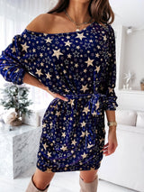 Women's Dresses Slanted Shoulder Star Print Belted Long Sleeve Dress - Midi Dresses - INS | Online Fashion Free Shipping Clothing, Dresses, Tops, Shoes - 10-20 - 10/09/2021 - Category_Midi Dresses