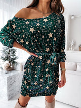 Women's Dresses Slanted Shoulder Star Print Belted Long Sleeve Dress - Midi Dresses - INS | Online Fashion Free Shipping Clothing, Dresses, Tops, Shoes - 10-20 - 10/09/2021 - Category_Midi Dresses