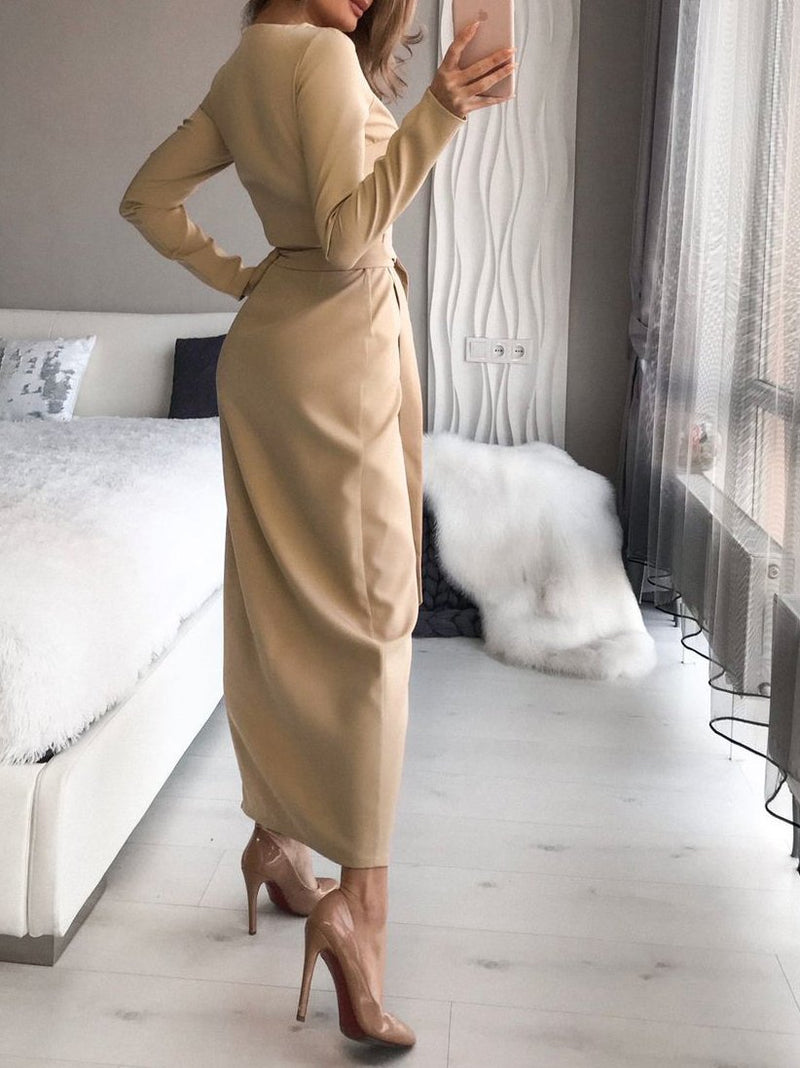 Women's Dresses Slim-Fit Solid Tie V-Neck Long Sleeve Slit Dress - Maxi Dresses - INS | Online Fashion Free Shipping Clothing, Dresses, Tops, Shoes - 18/10/2021 - 20-30 - color-black