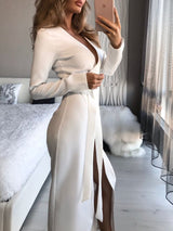 Women's Dresses Slim-Fit Solid Tie V-Neck Long Sleeve Slit Dress - Maxi Dresses - INS | Online Fashion Free Shipping Clothing, Dresses, Tops, Shoes - 18/10/2021 - 20-30 - color-black