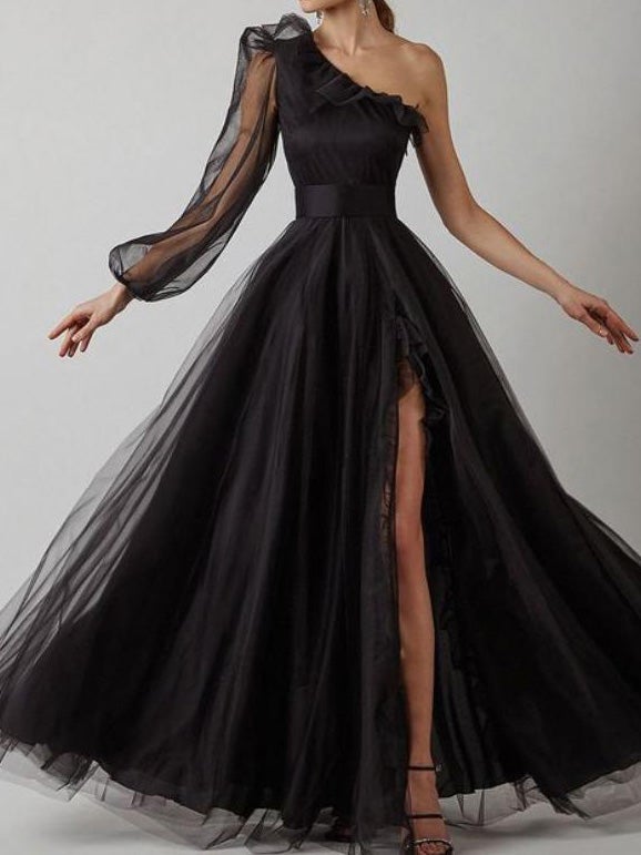 Women's Dresses Sloping Shoulder Long Sleeve Split Evening Dress - Maxi Dresses - Instastyled | Online Fashion Free Shipping Clothing, Dresses, Tops, Shoes - 29/12/2021 - 40-50 - color-black