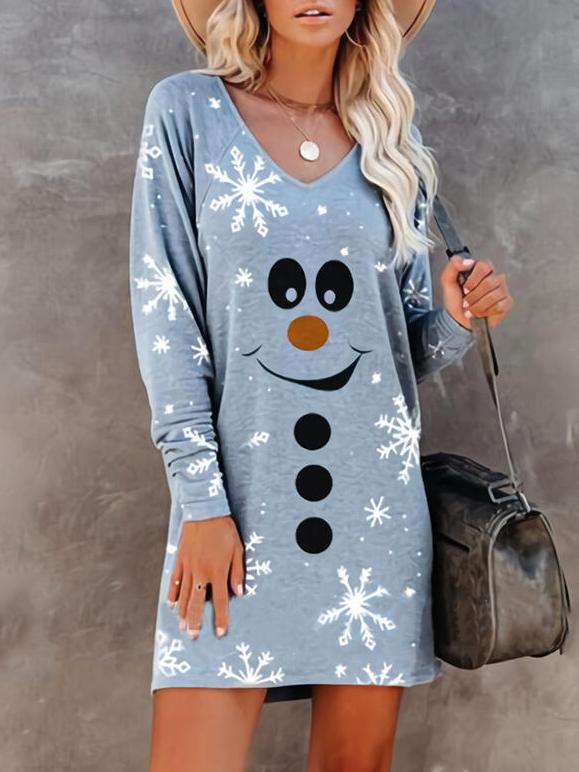 Women's Dresses Smiley Snowflake V-Neck Long Sleeve Dress - Mini Dresses - INS | Online Fashion Free Shipping Clothing, Dresses, Tops, Shoes - 02/11/2021 - 20-30 - Casual Dresses