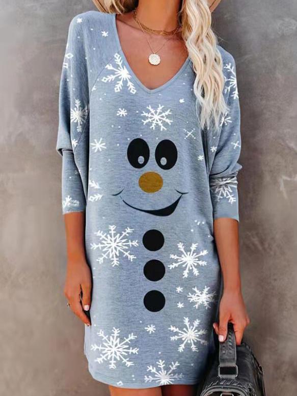 Women's Dresses Smiley Snowflake V-Neck Long Sleeve Dress - Mini Dresses - INS | Online Fashion Free Shipping Clothing, Dresses, Tops, Shoes - 02/11/2021 - 20-30 - Casual Dresses