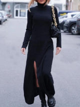Women's Dresses Solid High Neck Long Sleeve Split Dress - Maxi Dresses - INS | Online Fashion Free Shipping Clothing, Dresses, Tops, Shoes - 09/11/2021 - 20-30 - color-black