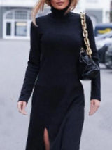 Women's Dresses Solid High Neck Long Sleeve Split Dress - Maxi Dresses - INS | Online Fashion Free Shipping Clothing, Dresses, Tops, Shoes - 09/11/2021 - 20-30 - color-black