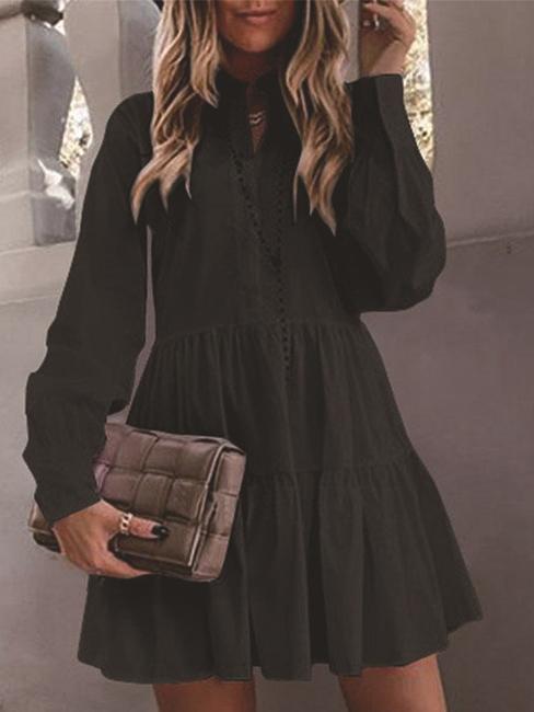 Women's Dresses Solid Shirt Collar Long Sleeve Mini Dress - Mini Dresses - INS | Online Fashion Free Shipping Clothing, Dresses, Tops, Shoes - 12/11/2021 - 30-40 - color-black