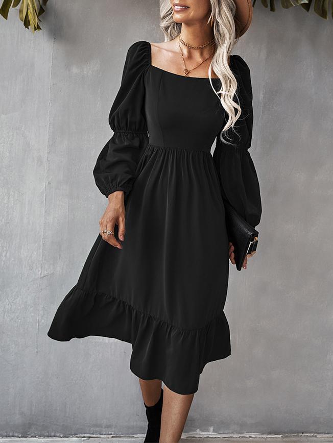 Women's Dresses Solid Square Neck Long Sleeve Midi Dress - Midi Dresses - INS | Online Fashion Free Shipping Clothing, Dresses, Tops, Shoes - 30-40 - color-black - color-blue