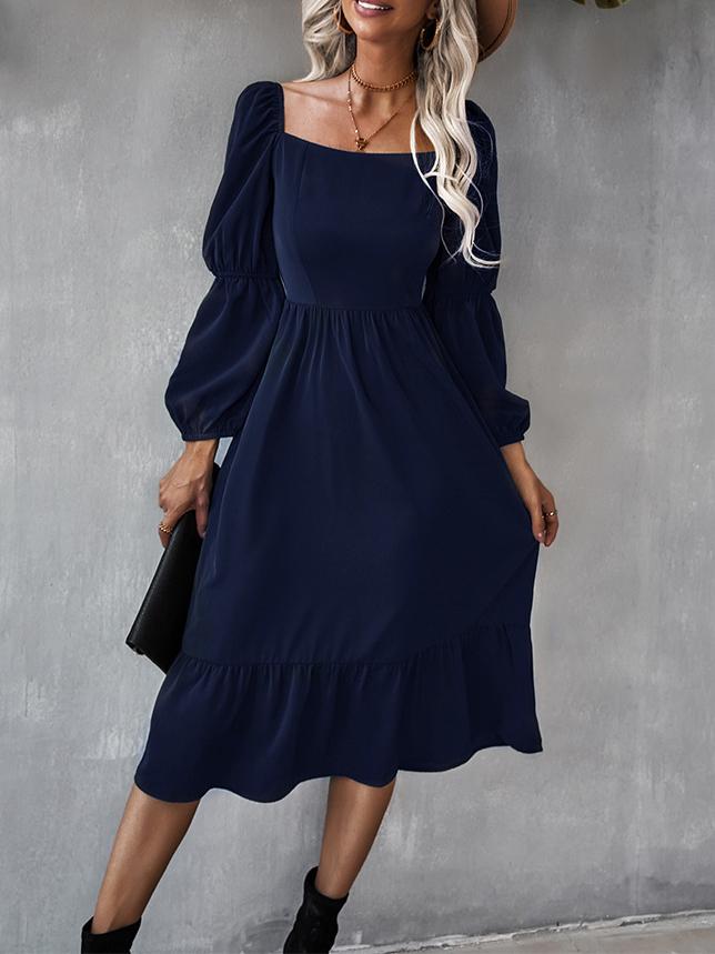 Women's Dresses Solid Square Neck Long Sleeve Midi Dress - Midi Dresses - INS | Online Fashion Free Shipping Clothing, Dresses, Tops, Shoes - 30-40 - color-black - color-blue