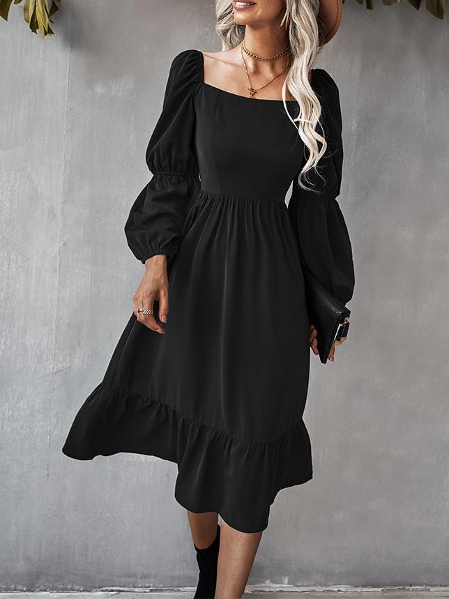 Women's Dresses Solid Square Neck Long Sleeve Midi Dress - Midi Dresses - INS | Online Fashion Free Shipping Clothing, Dresses, Tops, Shoes - 30-40 - color-black - color-blue