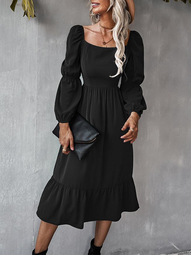 Women's Dresses Solid Square Neck Long Sleeve Midi Dress - Midi Dresses - INS | Online Fashion Free Shipping Clothing, Dresses, Tops, Shoes - 30-40 - color-black - color-blue