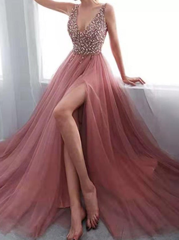 Women's Dresses Solid V-Neck Embroidered Sequin Slit Dress - Maxi Dresses - Instastyled | Online Fashion Free Shipping Clothing, Dresses, Tops, Shoes - 28/12/2021 - 40-50 - color-pink
