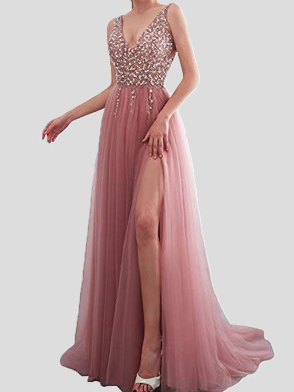 Women's Dresses Solid V-Neck Embroidered Sequin Slit Dress - Maxi Dresses - Instastyled | Online Fashion Free Shipping Clothing, Dresses, Tops, Shoes - 28/12/2021 - 40-50 - color-pink