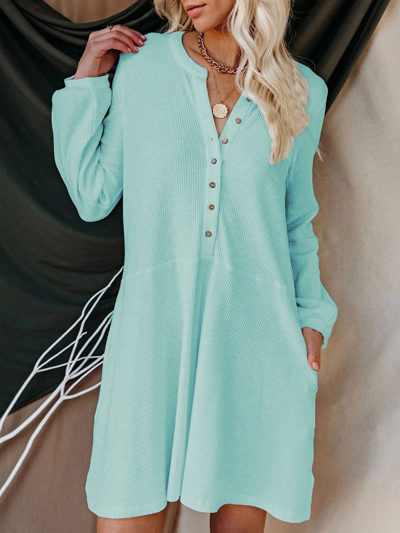 Women's Dresses Solid V-Neck Long Sleeve Button Casual Dress - Mini Dresses - INS | Online Fashion Free Shipping Clothing, Dresses, Tops, Shoes - 20-30 - 26/08/2021 - Category_Mini Dresses