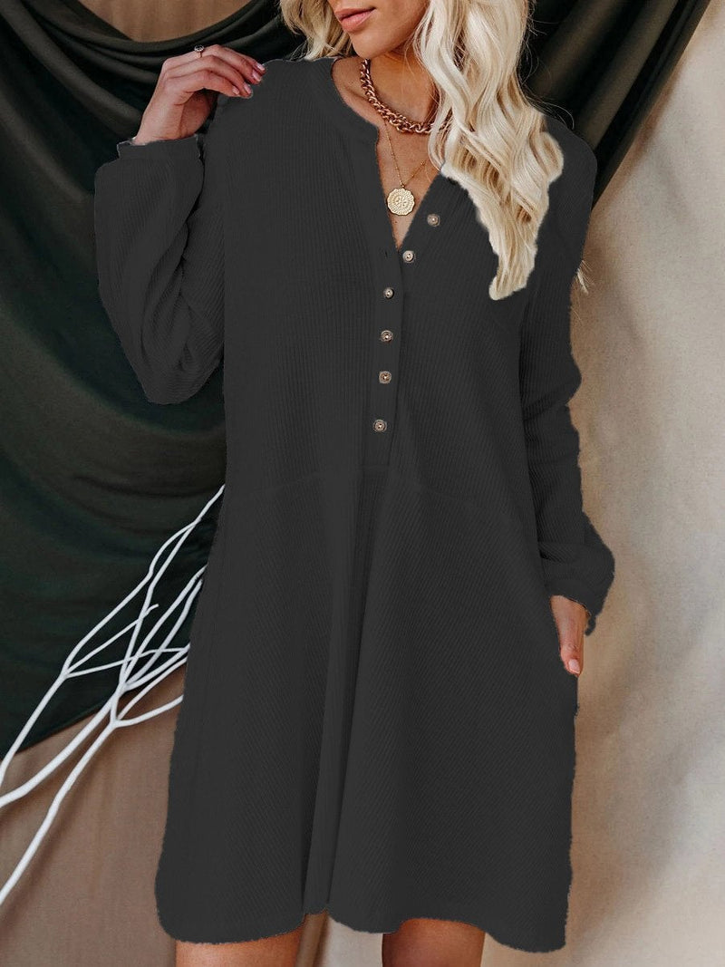 Women's Dresses Solid V-Neck Long Sleeve Button Casual Dress - Mini Dresses - INS | Online Fashion Free Shipping Clothing, Dresses, Tops, Shoes - 20-30 - 26/08/2021 - Category_Mini Dresses