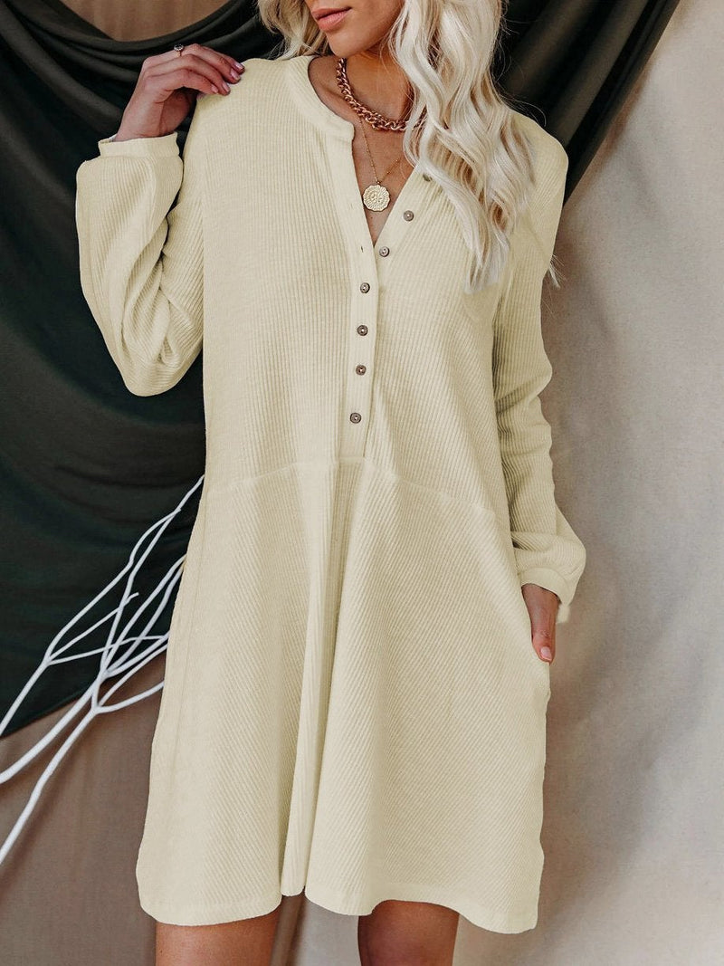 Women's Dresses Solid V-Neck Long Sleeve Button Casual Dress - Mini Dresses - INS | Online Fashion Free Shipping Clothing, Dresses, Tops, Shoes - 20-30 - 26/08/2021 - Category_Mini Dresses