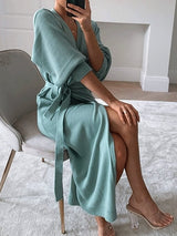 Women's Dresses Solid V-Neck Tie Long Sleeve Split Dress - Maxi Dresses - INS | Online Fashion Free Shipping Clothing, Dresses, Tops, Shoes - 29/10/2021 - 40-50 - color-beige