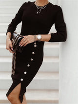 Women's Dresses Split Button Knit Long Sleeve Tight Dress - Midi Dresses - INS | Online Fashion Free Shipping Clothing, Dresses, Tops, Shoes - 20-30 - 24/09/2021 - Bodycon Dresses