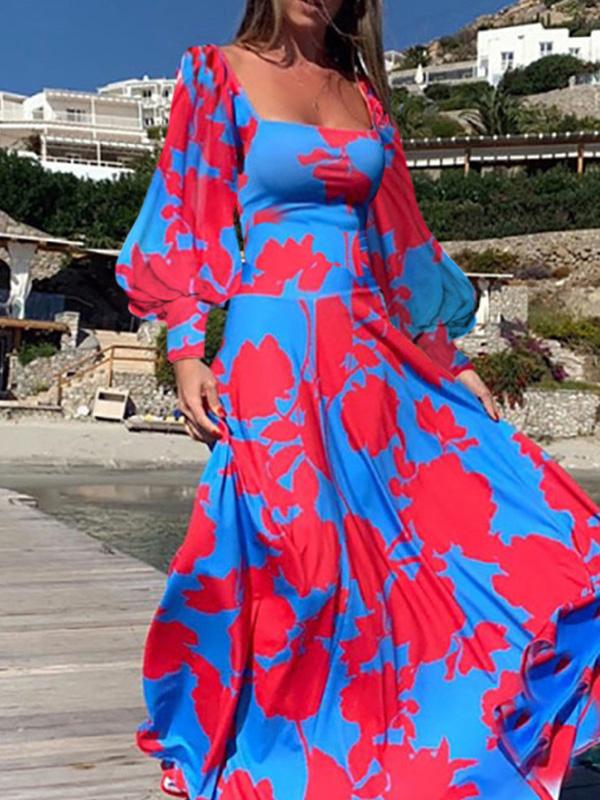 Women's Dresses Square Collar Lantern Long Sleeve Printed Dress - Maxi Dresses - INS | Online Fashion Free Shipping Clothing, Dresses, Tops, Shoes - 16/09/2021 - Category_Maxi Dresses - Color_Red