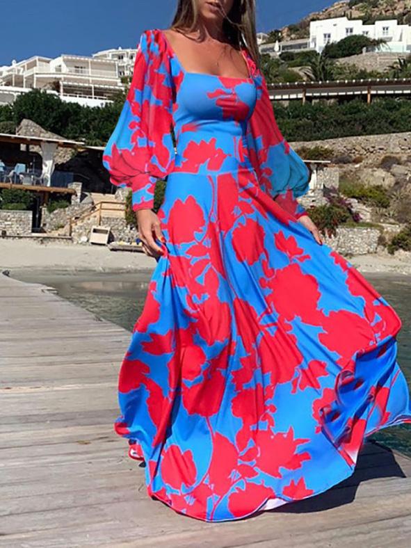 Women's Dresses Square Collar Lantern Long Sleeve Printed Dress - Maxi Dresses - INS | Online Fashion Free Shipping Clothing, Dresses, Tops, Shoes - 16/09/2021 - Category_Maxi Dresses - Color_Red