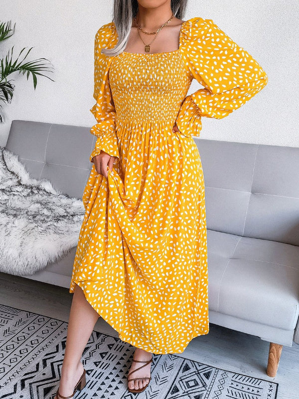 Women's Dresses Square Neck Printed Long Sleeve Dress - Maxi Dresses - INS | Online Fashion Free Shipping Clothing, Dresses, Tops, Shoes - 09/10/2021 - Color_Red - Color_Yellow