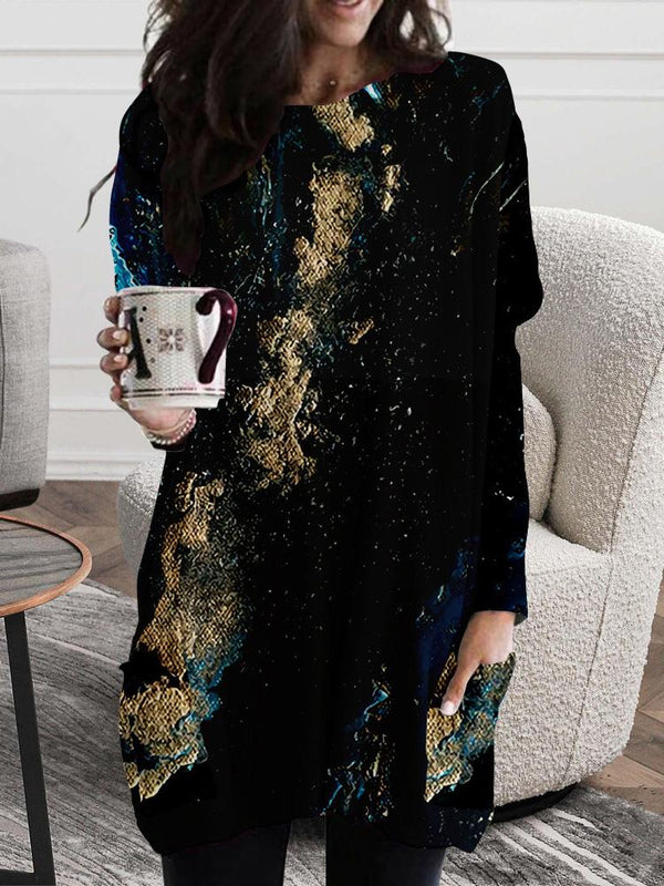 Women's Dresses Stone Tie-Dye Round Neck Pocket Long Sleeve Dress - Mini Dresses - INS | Online Fashion Free Shipping Clothing, Dresses, Tops, Shoes - 15/09/2021 - 30-40 - Category_Mini Dresses