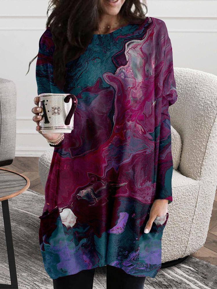 Women's Dresses Stone Tie-Dye Round Neck Pocket Long Sleeve Dress - Mini Dresses - INS | Online Fashion Free Shipping Clothing, Dresses, Tops, Shoes - 15/09/2021 - 30-40 - Category_Mini Dresses