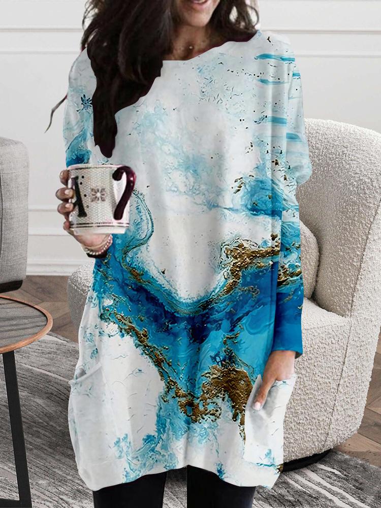 Women's Dresses Stone Tie-Dye Round Neck Pocket Long Sleeve Dress - Mini Dresses - INS | Online Fashion Free Shipping Clothing, Dresses, Tops, Shoes - 15/09/2021 - 30-40 - Category_Mini Dresses