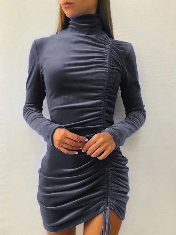 Women's Dresses Suede Drawstring High Neck Long Sleeve Tight Dress - Mini Dresses - INS | Online Fashion Free Shipping Clothing, Dresses, Tops, Shoes - 02/09/2021 - 20-30 - Category_Mini Dresses