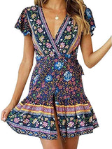 Women's Dresses Summer Wrap Bohemian Mini Dress - Midi Dresses - INS | Online Fashion Free Shipping Clothing, Dresses, Tops, Shoes - 01/02/2021 - Blue - Color_Blue