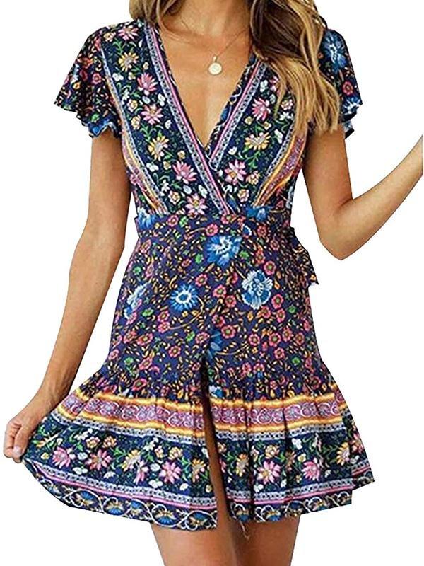 Women's Dresses Summer Wrap Bohemian Mini Dress - Midi Dresses - INS | Online Fashion Free Shipping Clothing, Dresses, Tops, Shoes - 01/02/2021 - Blue - Color_Blue