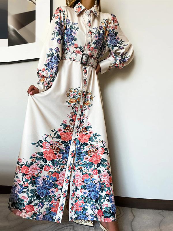 Women's Dresses Temperament Floral Print Long Sleeve Shirt Dress - Maxi Dresses - INS | Online Fashion Free Shipping Clothing, Dresses, Tops, Shoes - 22/09/2021 - 40-50 - color-white