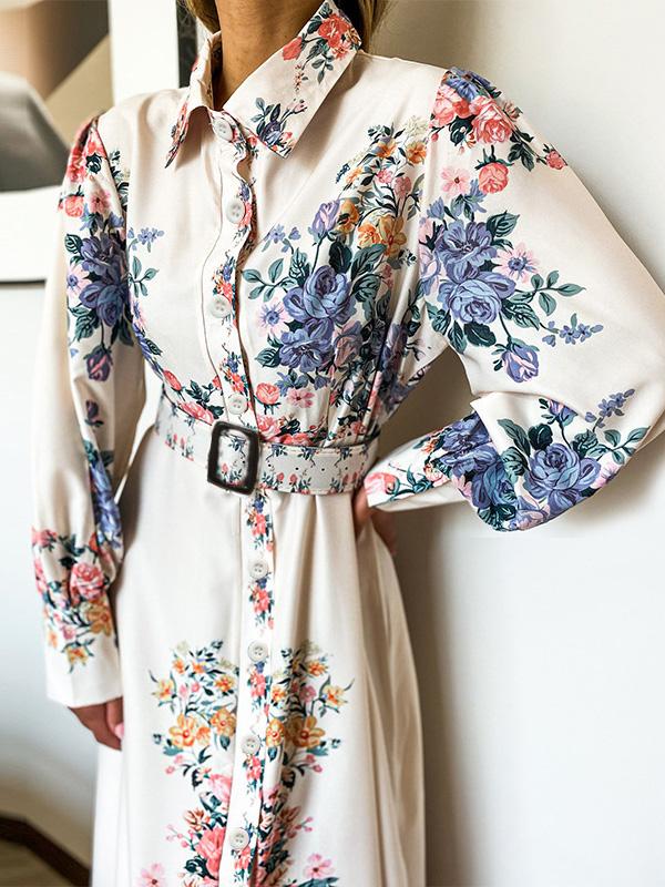 Women's Dresses Temperament Floral Print Long Sleeve Shirt Dress - Maxi Dresses - INS | Online Fashion Free Shipping Clothing, Dresses, Tops, Shoes - 22/09/2021 - 40-50 - color-white